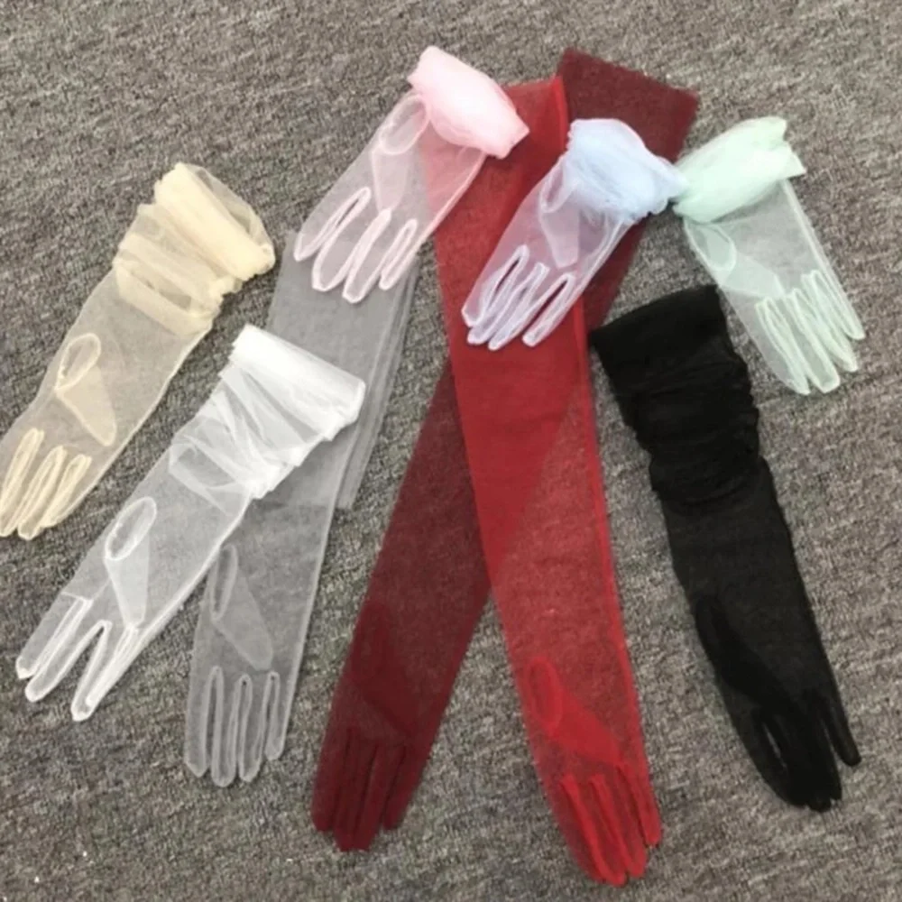 2PAIRS Mesh Kink Long Tulle Crumbling Taffeta Black High Gloves Transparent